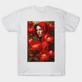 Portrait of a woman in red with flowers T-Shirt